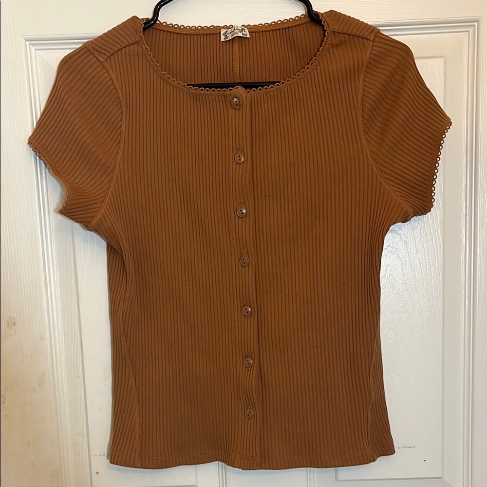 Free People Brown Ribbed Button Up Top